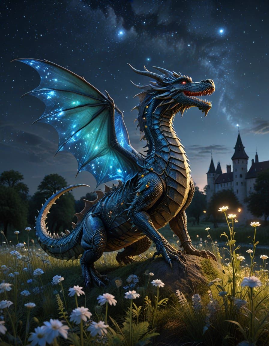 Majestic Dragon Soars Over Bioluminescent Flowers