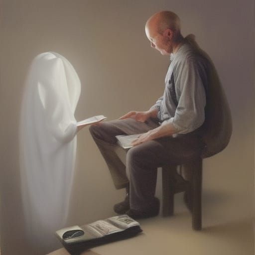 Ethereal Ghost Reading Book in Oil Painting Style
