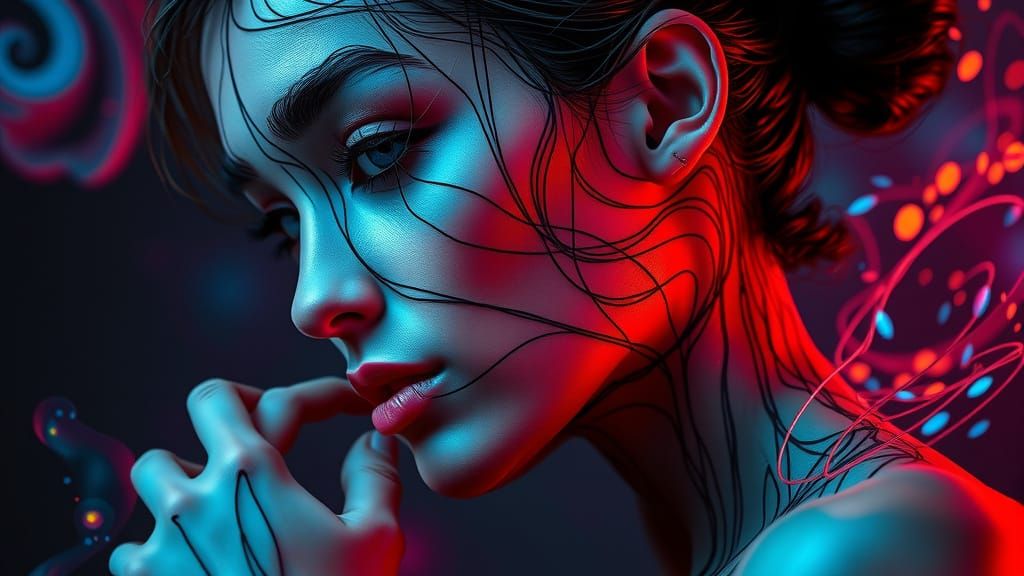 Ethereal Woman with Intricate Lines in Vibrant Colors