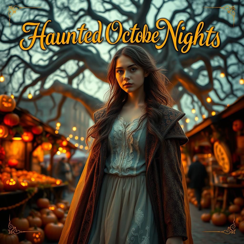 Victorian Woman in Autumn Market Square, Hyperrealistic Port...