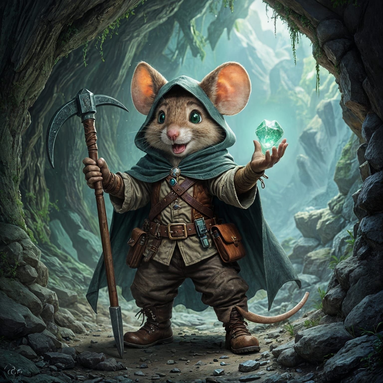 Anthropomorphic Mouse Miner with Emerald in Fantasy Style