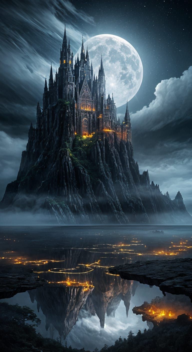 Surreal Moonlit Cascade of Floating Islands