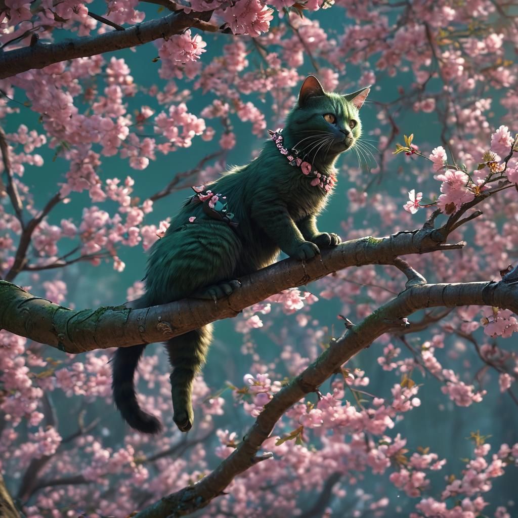 Green Ninja Cat in Fantasy Cherry Blossom Art