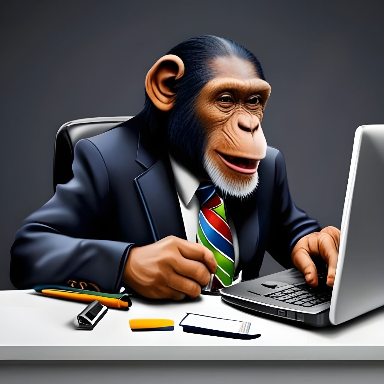 Chimpanzee in Business Suit Working on Laptop