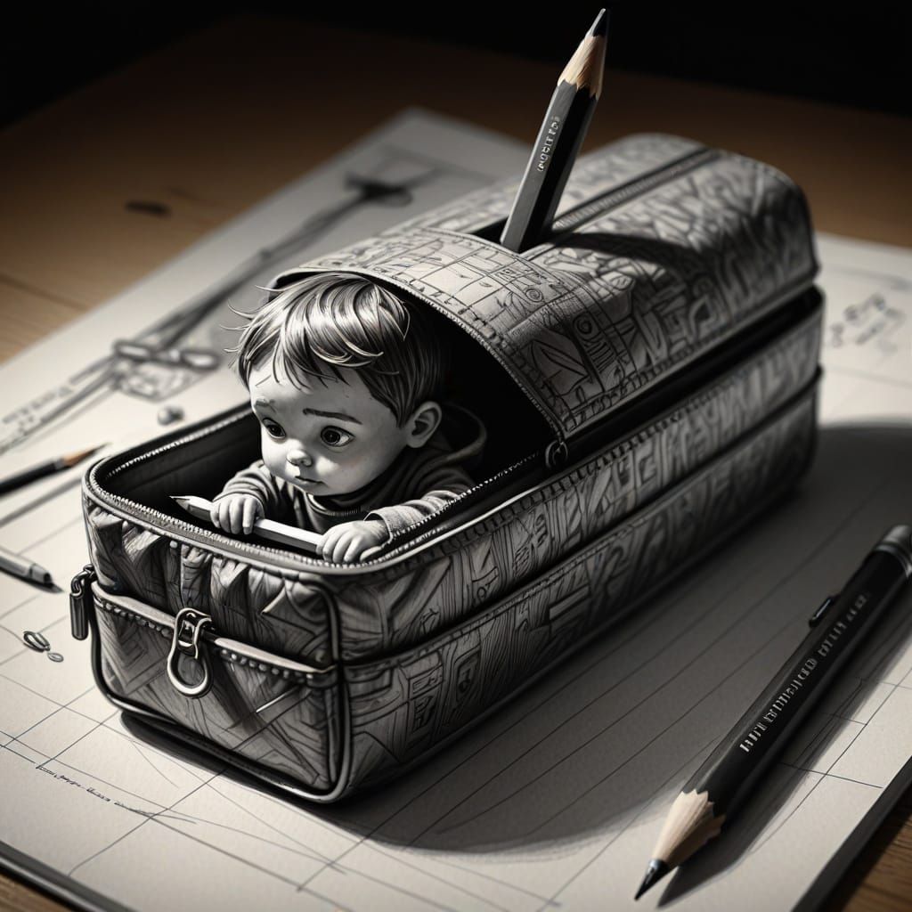 Tiny Explorer in Giant Pencil Case Sketch Art