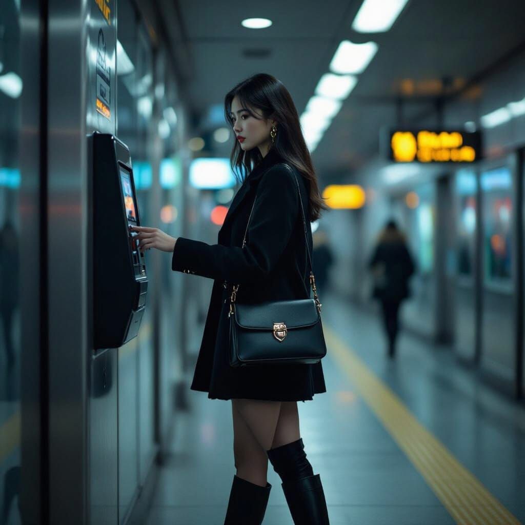 Korean Girl Swiping Coach Purse: Cinematic Film Aesthetic
