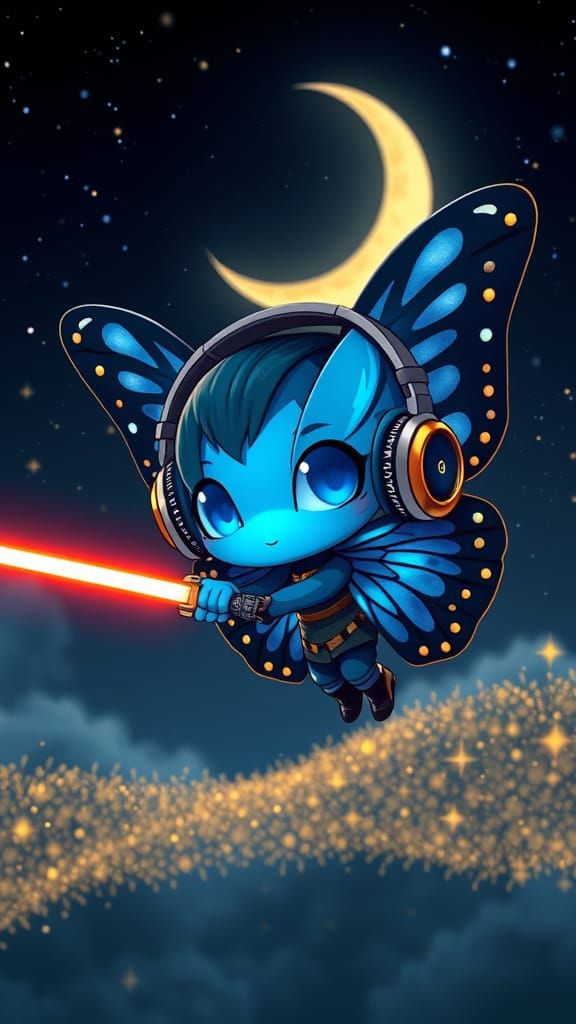 Chibi Butterfly DJ with Lightsaber in Dreamcore Style