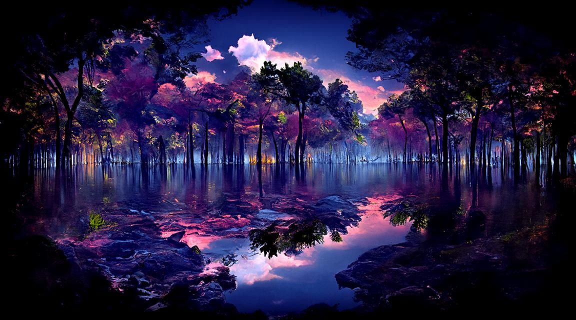 Fantasy Sunset Over Forest Lake in Oil Painting Style