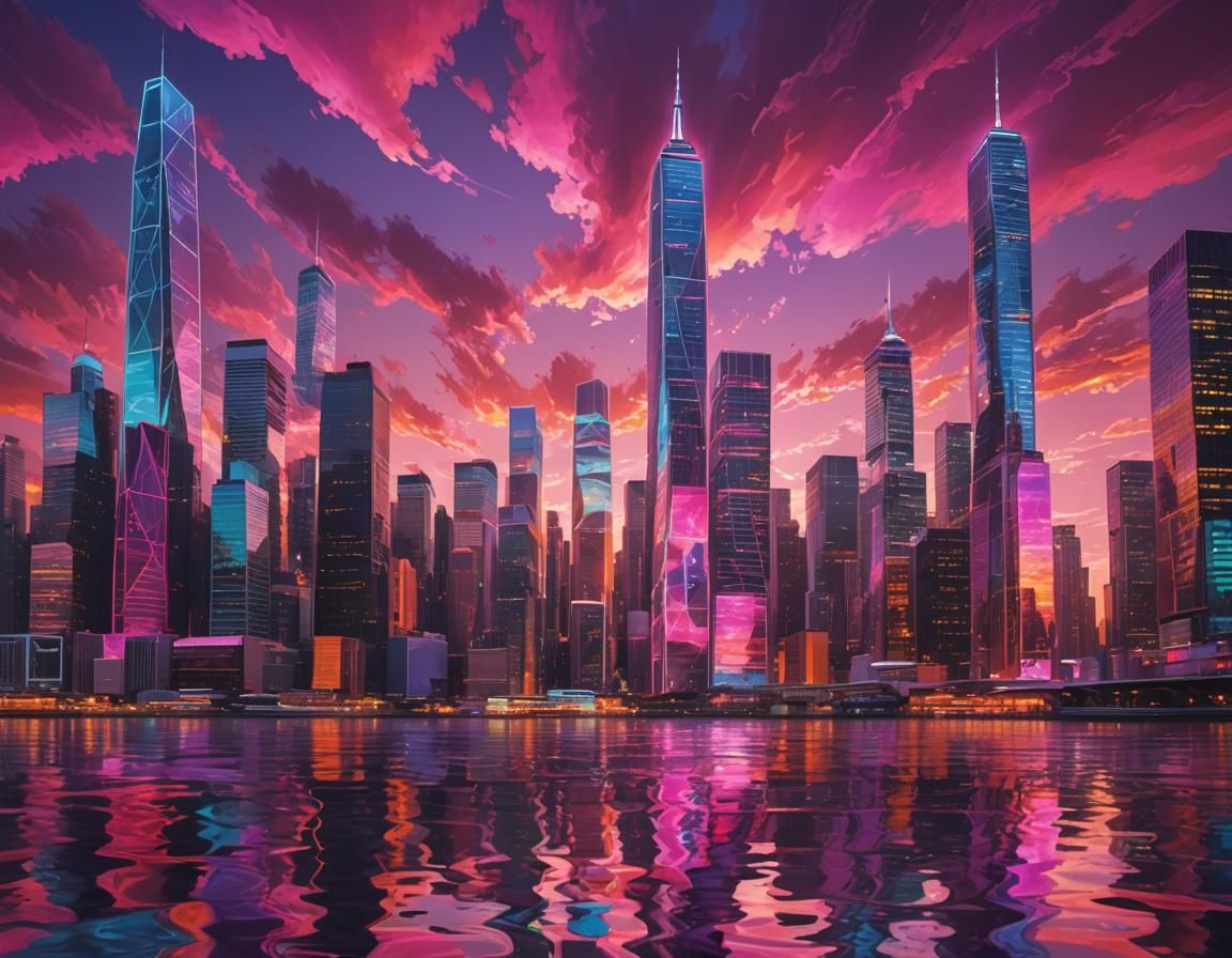 Vibrant Cityscape Fusion: Neon Reflections Under Sunset