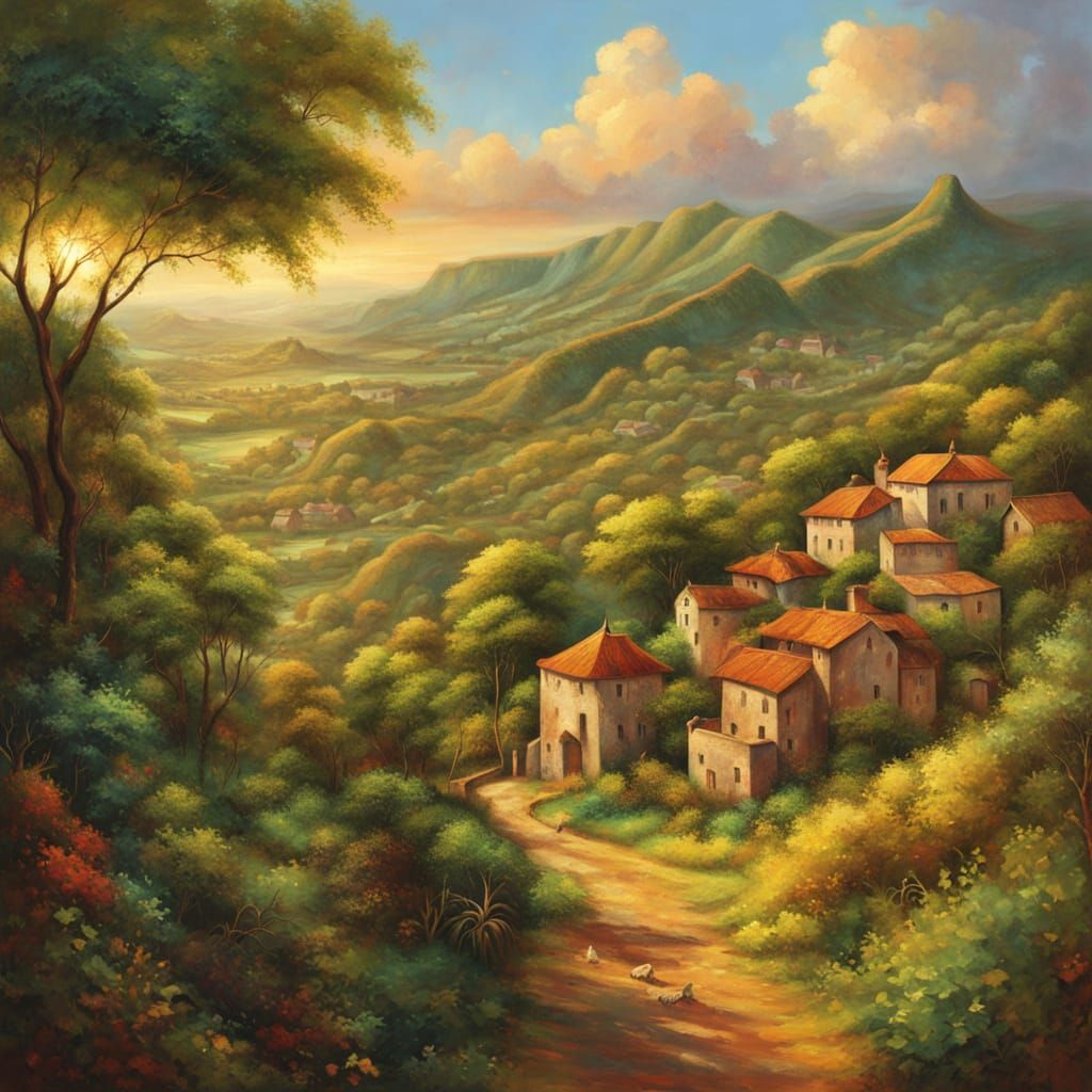 Chamarel Village in Vibrant Oil Painting Style