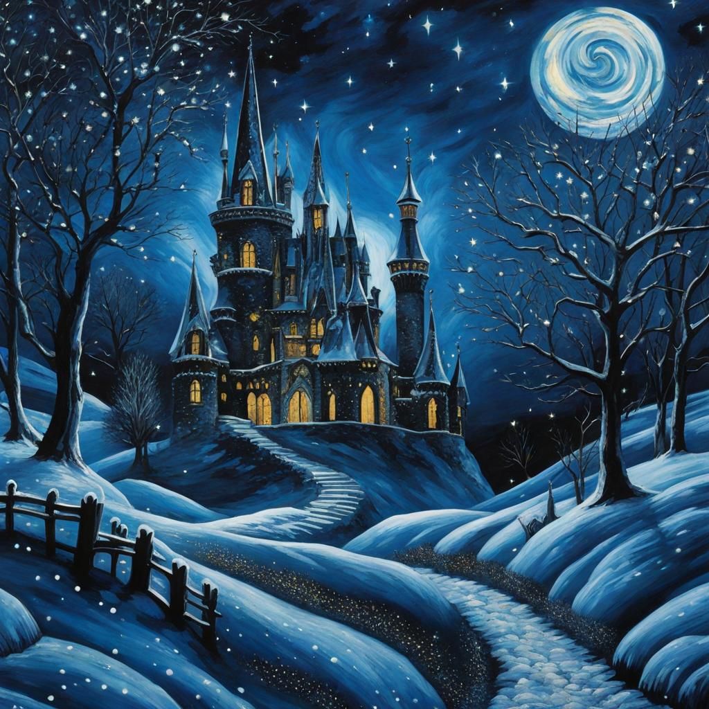 Gothic Ice Palace Under Starry Night Sky