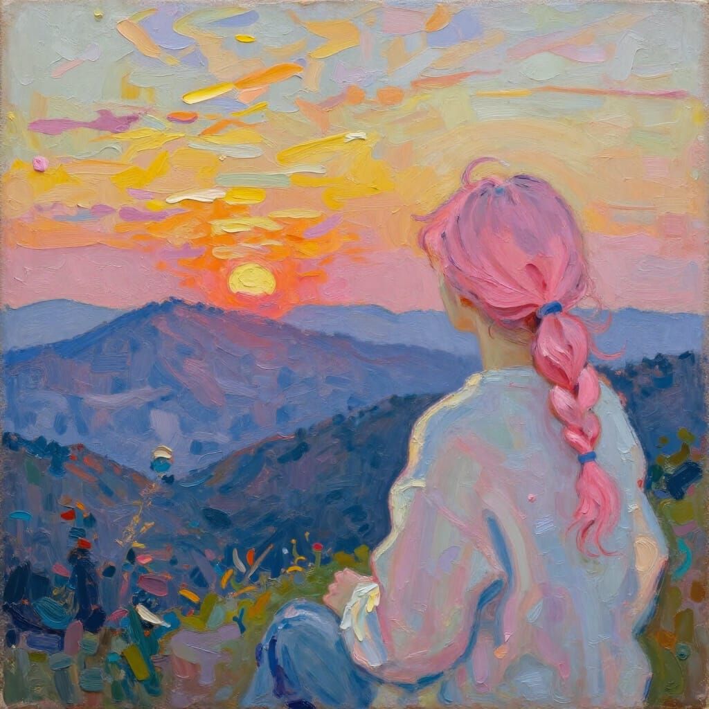 Pink Haired Woman Watches Sunset on Mountain