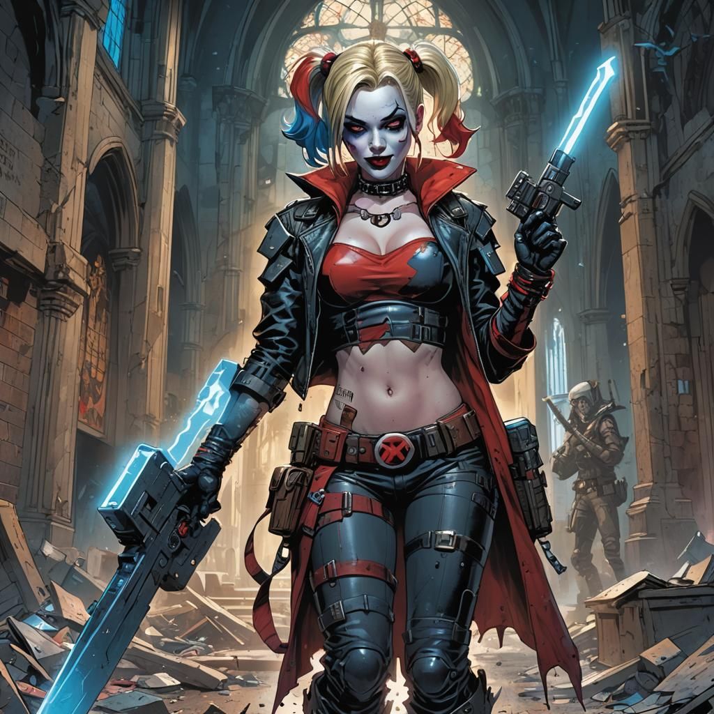 Cyberpunk Harley Quinn in Derelict Church