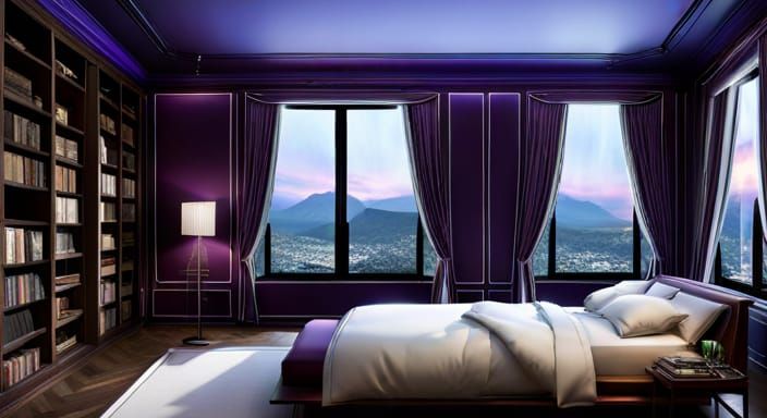 Lush Violet Bedroom with Aurora Borealis, Ethereal Lighting