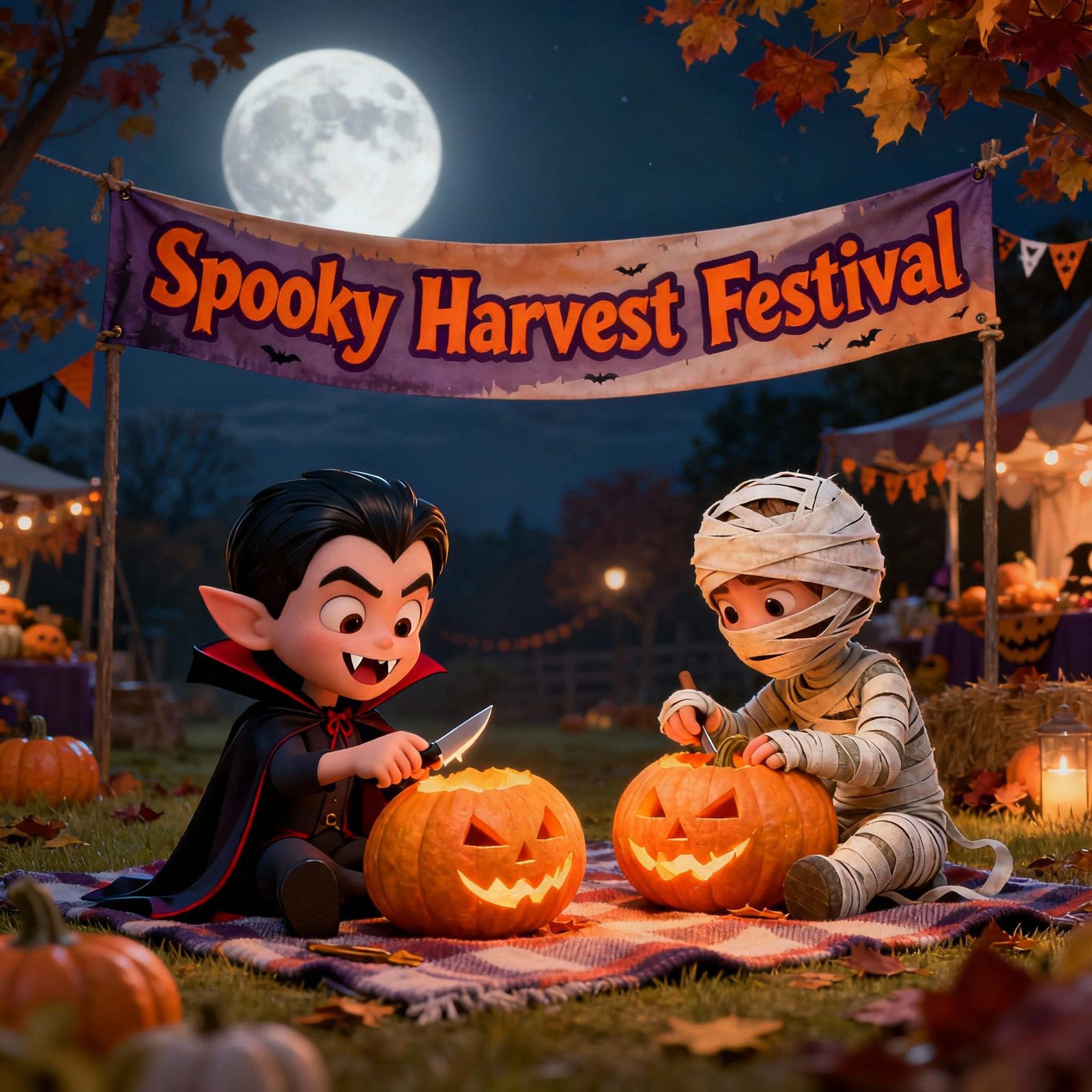 Children Dracula and Mummy Carve Pumpkins at Night Festival