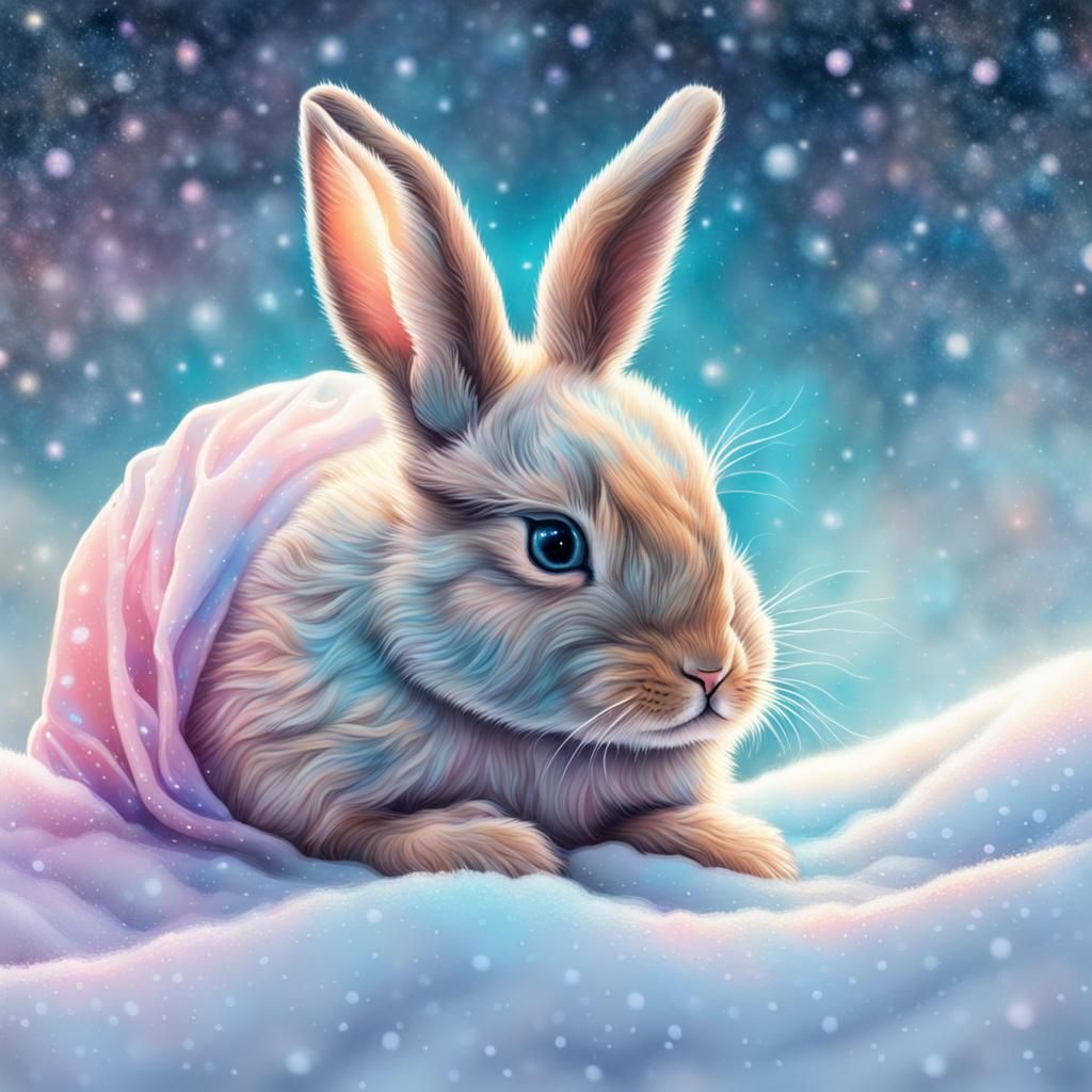 Pastel Baby Bunny in Snow: Cosmic Illustration