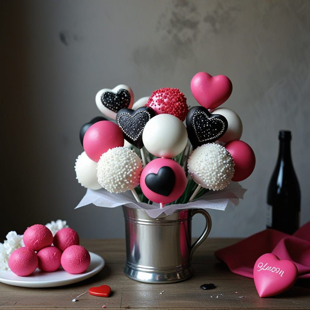 Whimsical Still Life with Hot Pink Bouquet and Cake Pop