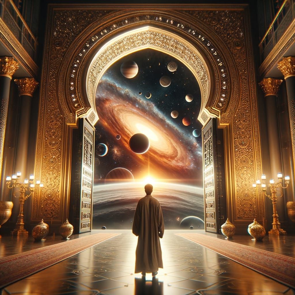 Elegant Middle Eastern Man Stands Before Cosmic Portal in a ...