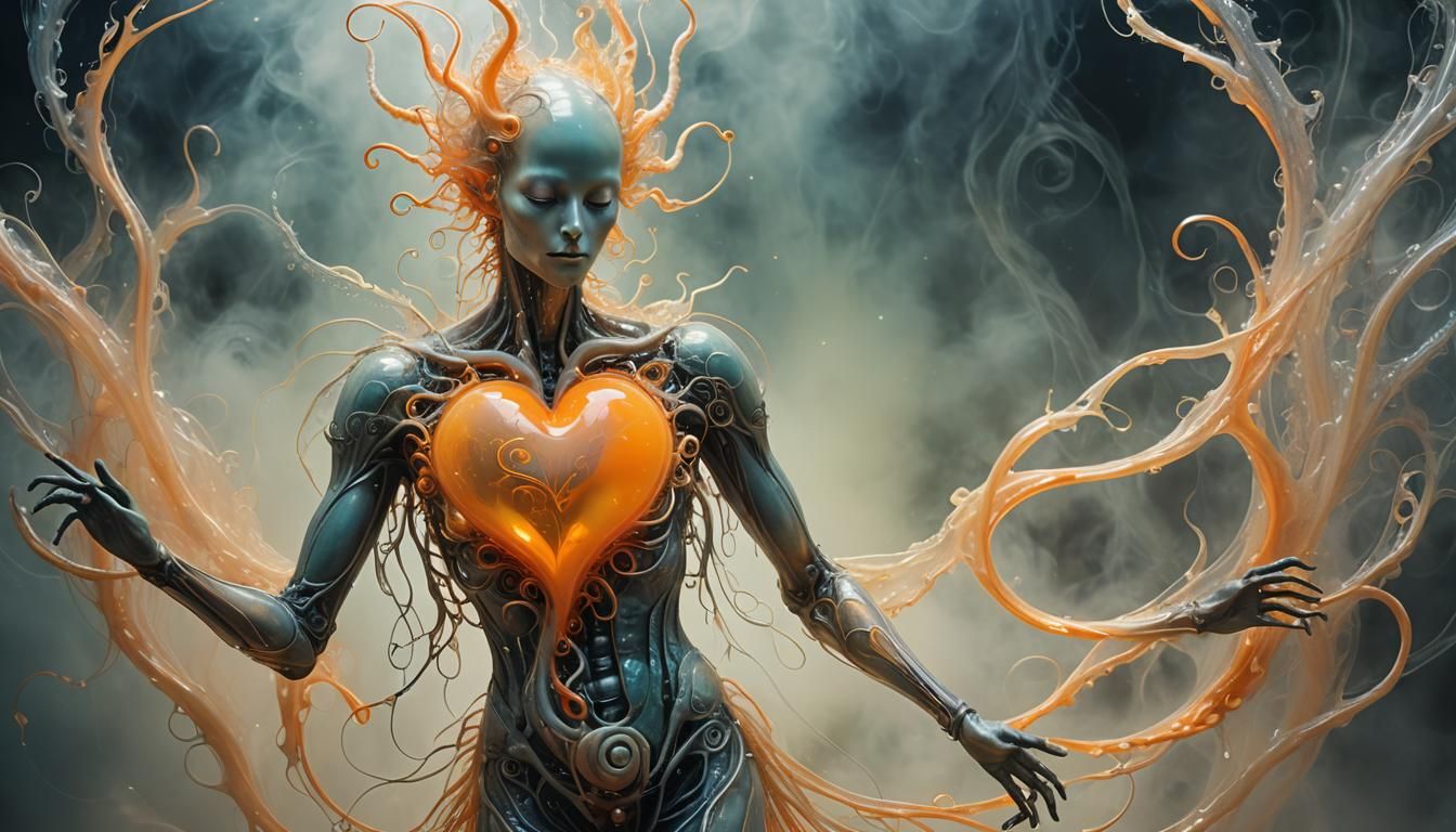 Ethereal Creature with Orange Heart in Surrealism