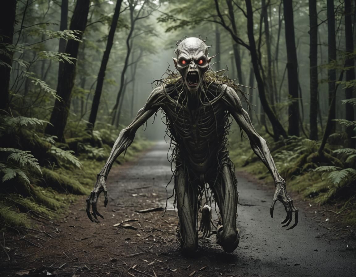 Frightening Gaunt Creature Crawling in Dark Forest