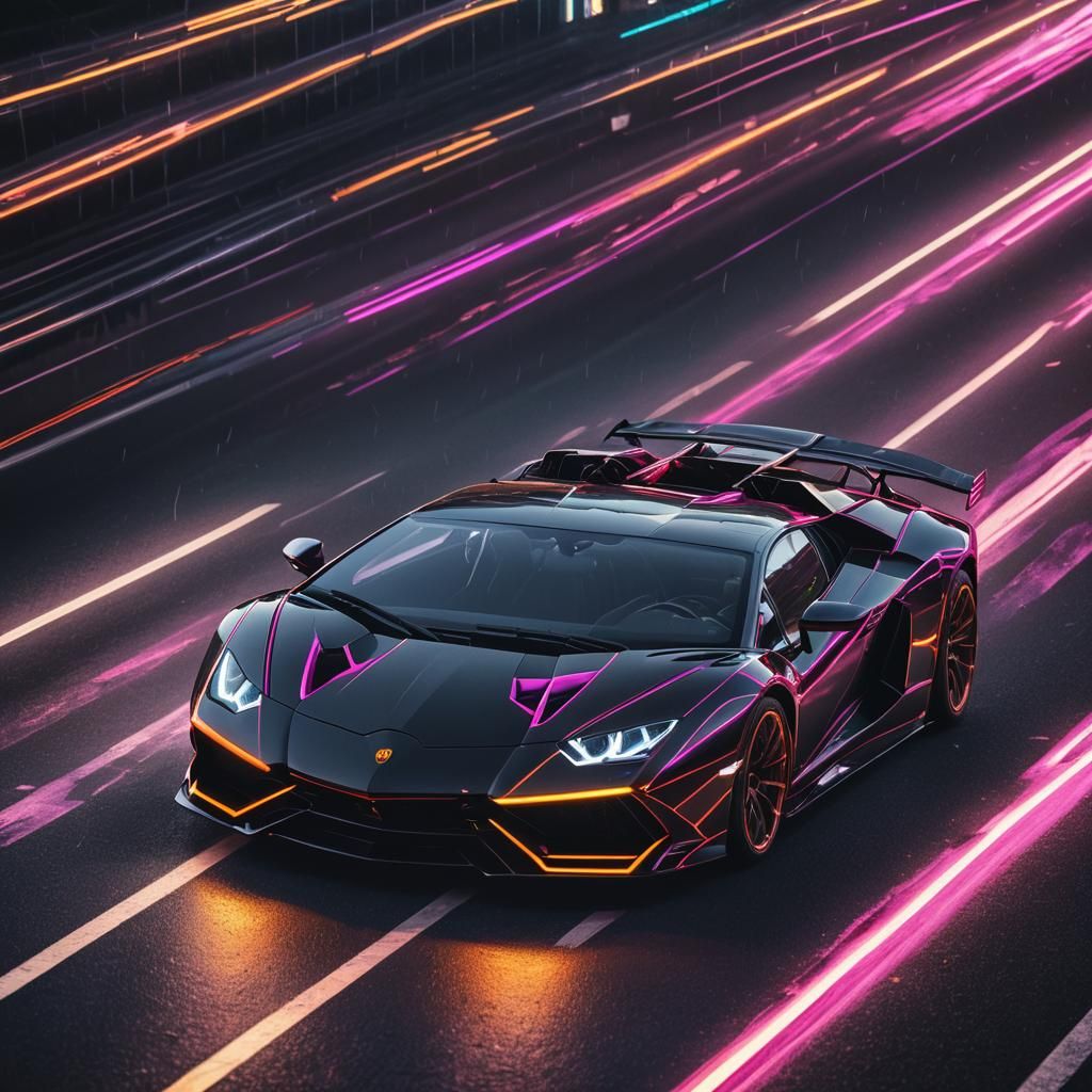 Neon Lamborghini Races on Futuristic Highway