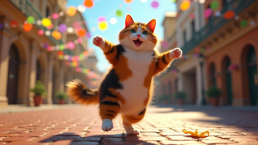 Calico Cat Dances Through Columbia, Hyperdetailed Digital Ar...
