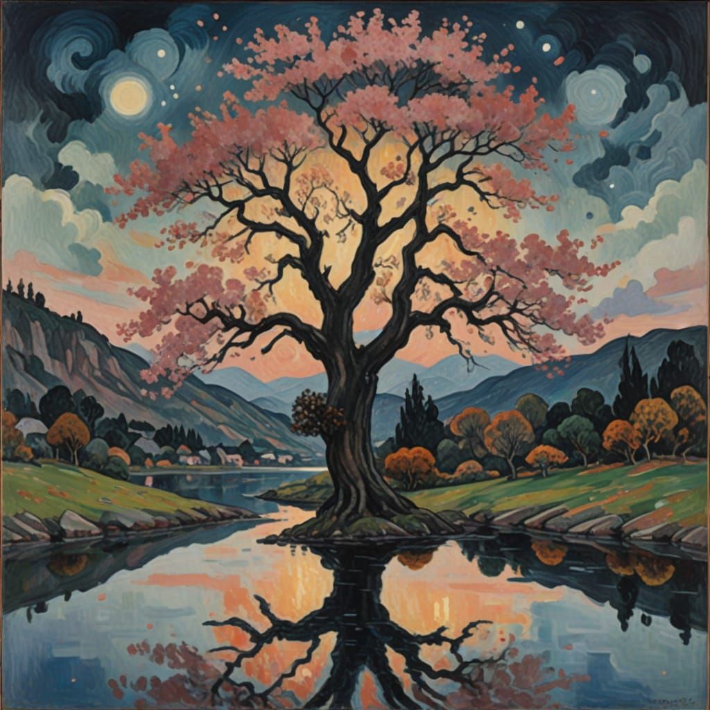 Dreamlike Sunset Scene in Expressive Gouache Style