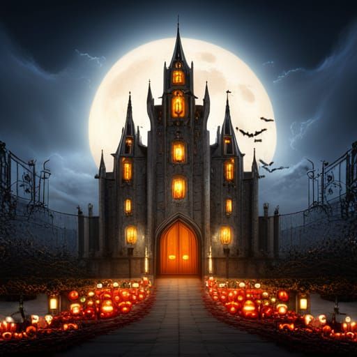 Gothic Castle with Jack-o-Lanterns in Fantasy Art
