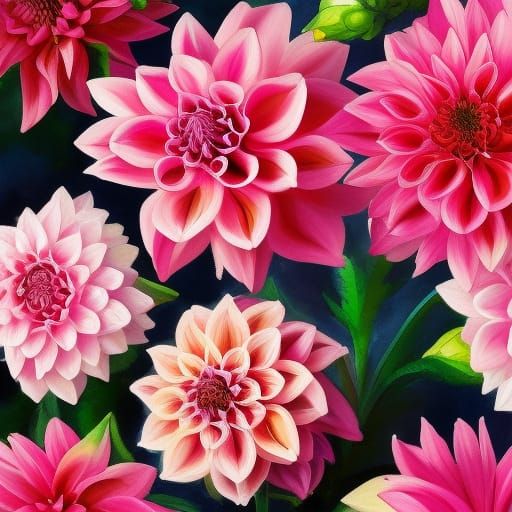 Pink Dahlias Bouquet in Gouache Watercolor Style