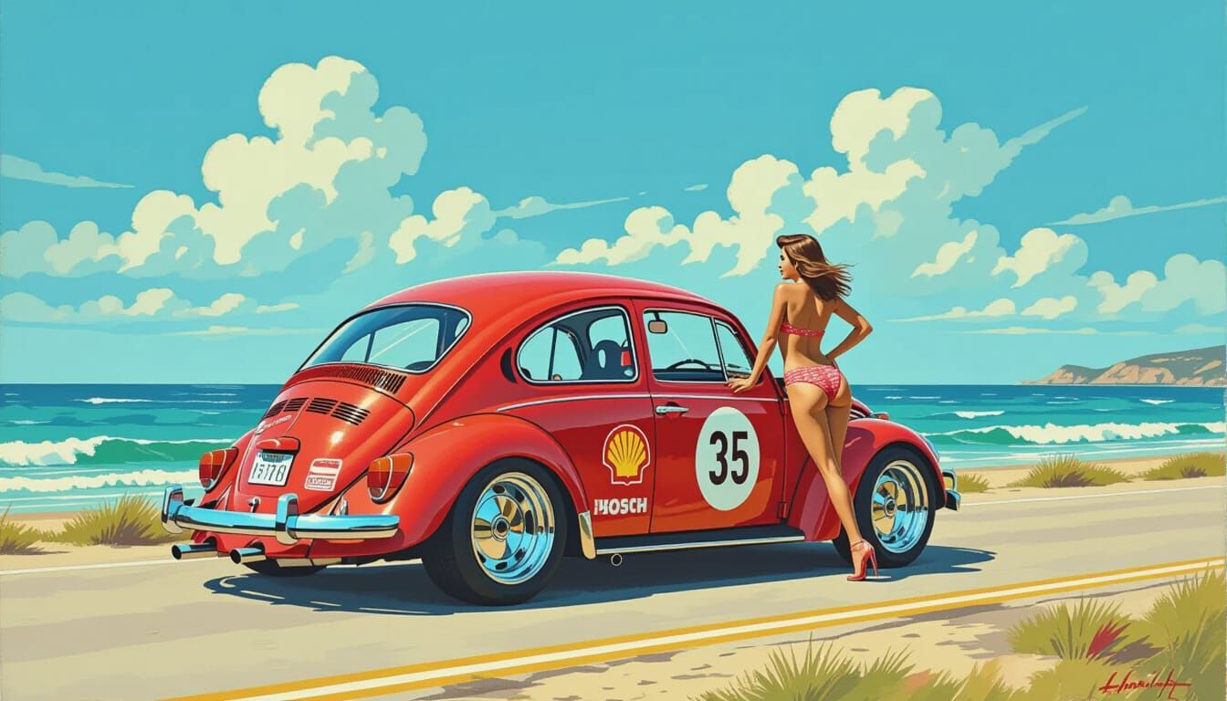 Ruby Red VW Beetle Rallye on Coastal Road