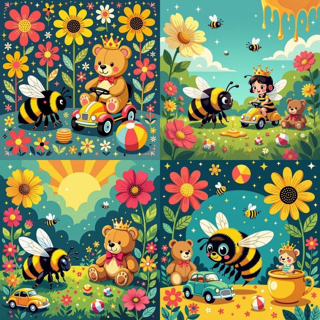 Cartoon Bumblebee with Toys in Bauhaus Style