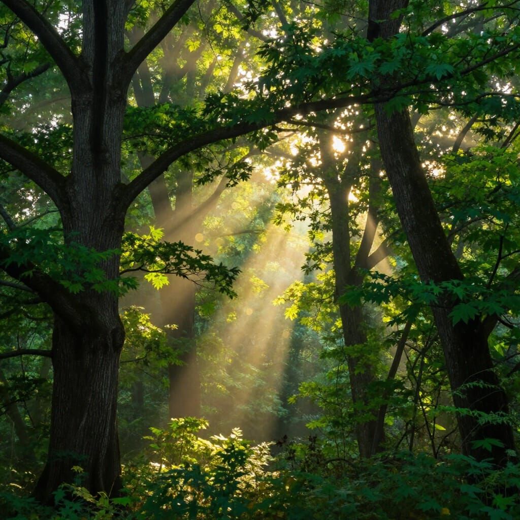 Ethereal Forest Sunbeams with Golden Bokeh Mist