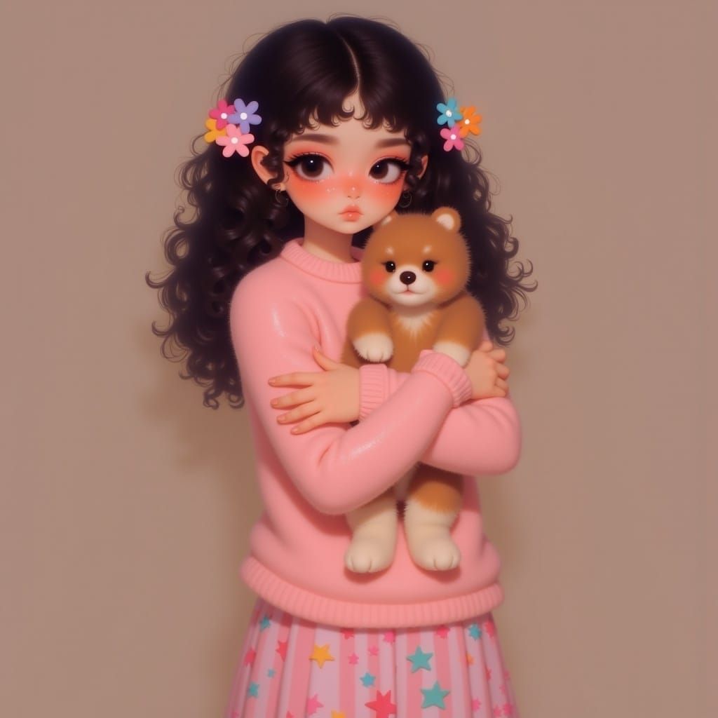 Woman with Freckles, Pink Sweater, and Pomeranian