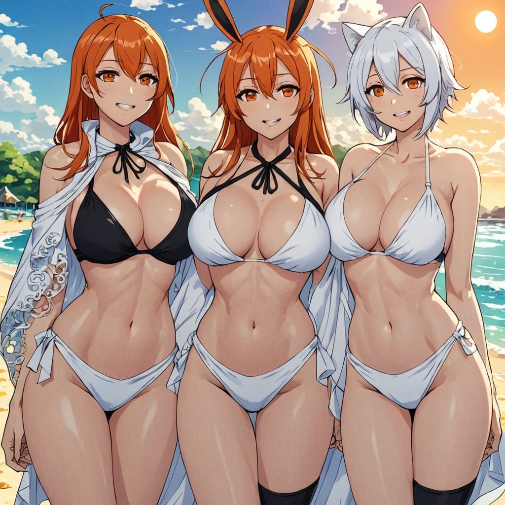Anime Girl with Flowing Orange Hair at the Beach
