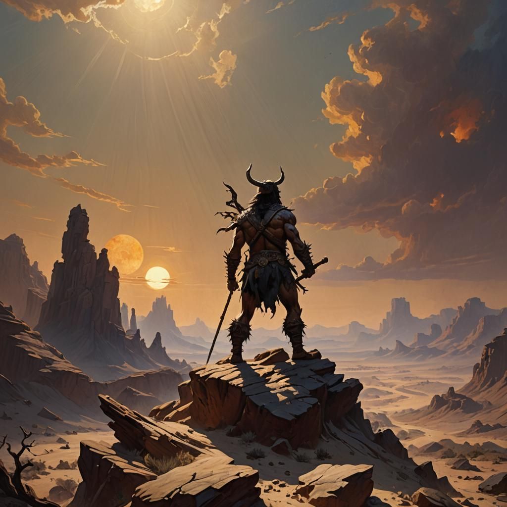 Desert Warrior Under Dark Sun in Frazetta Style