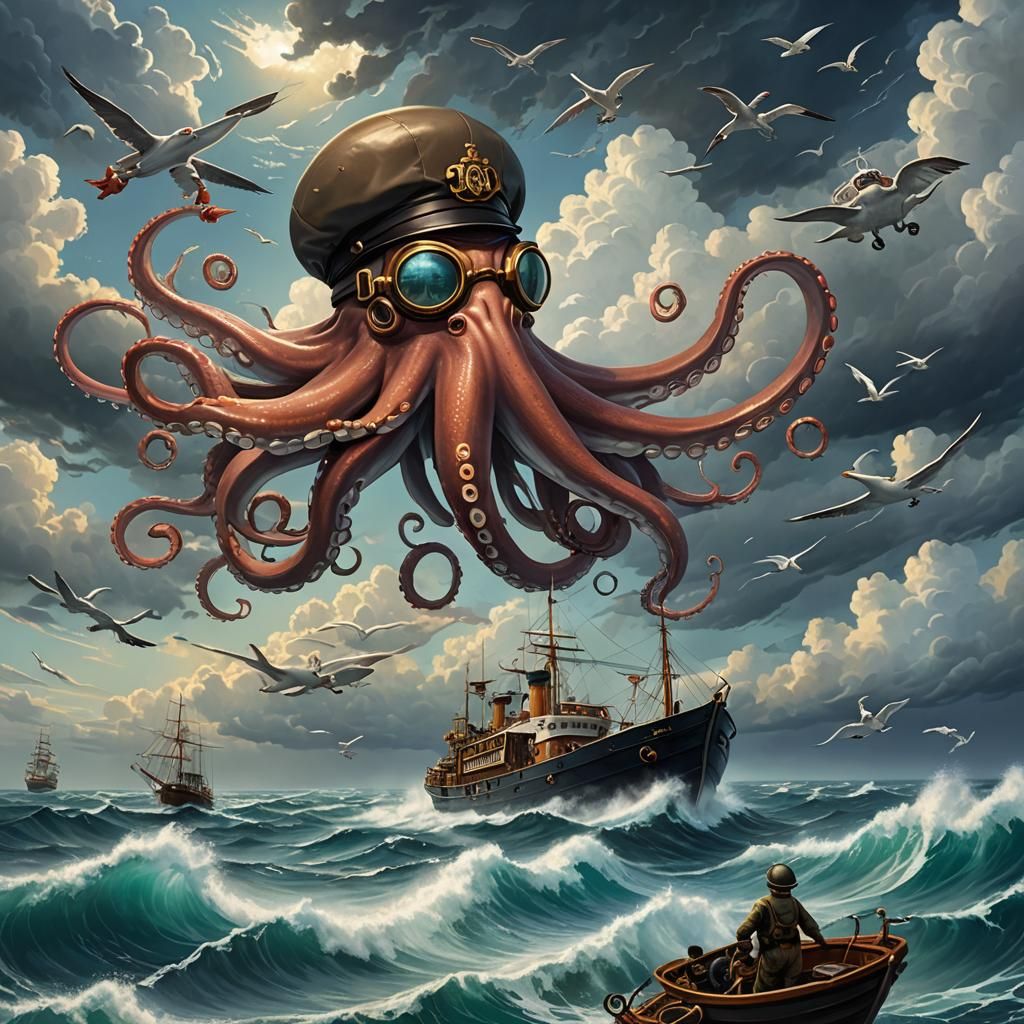 Octopus Pilot Flies Over the Sea: Ghibli Style