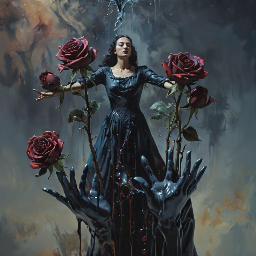 Surreal Black Roses Emerge From Woman's Hands in Dali Style