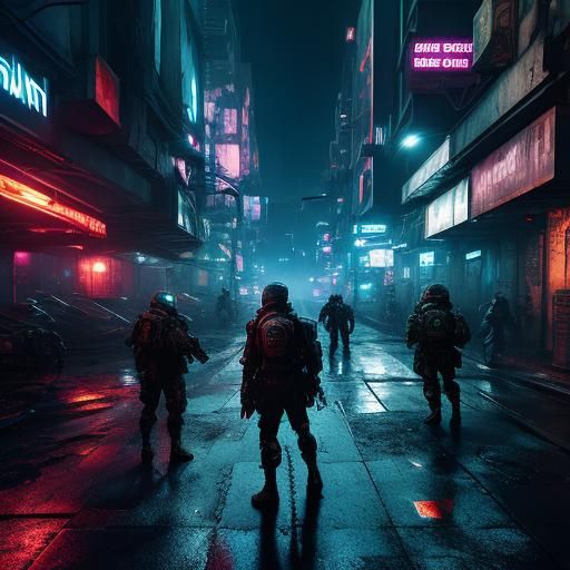 Cyberpunk Soldiers Fight in Dystopian City