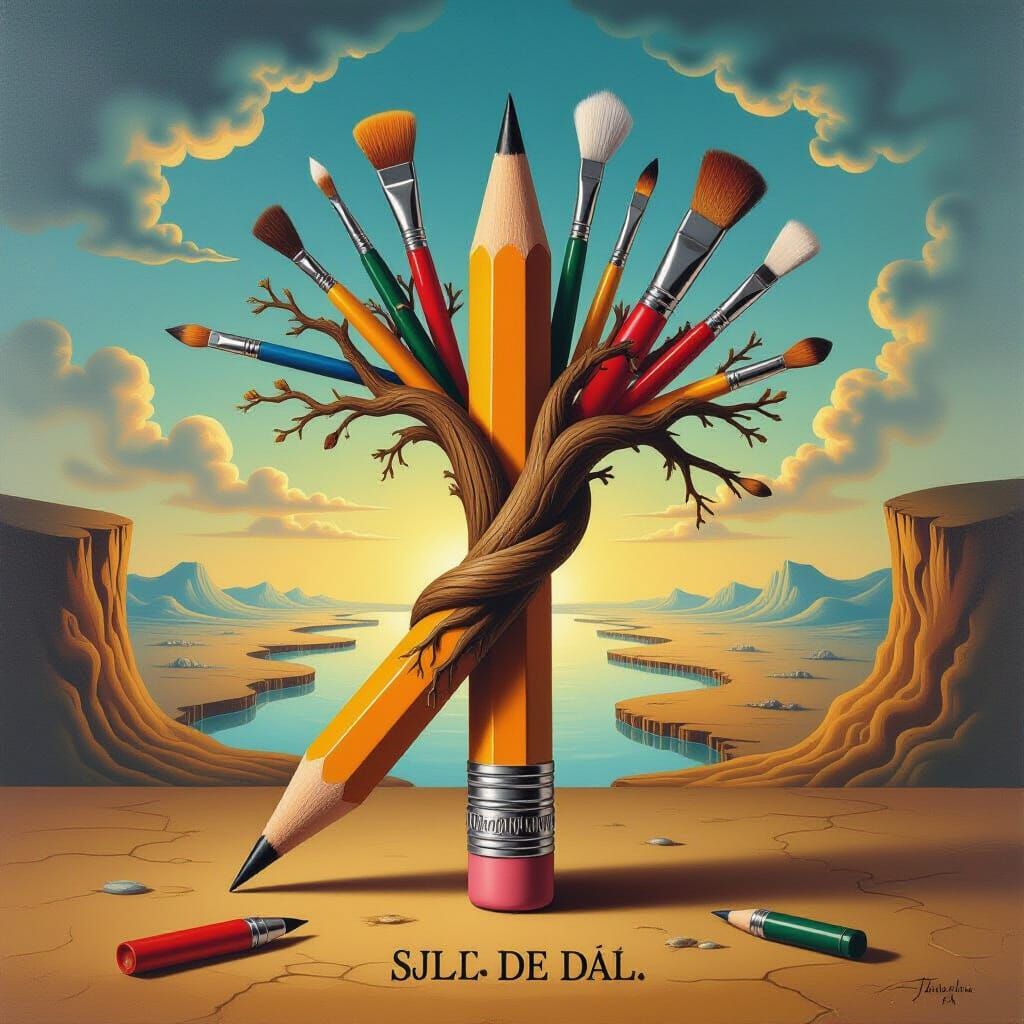 Surreal Tree of Creativity: Warped Pencil with Art Supplies