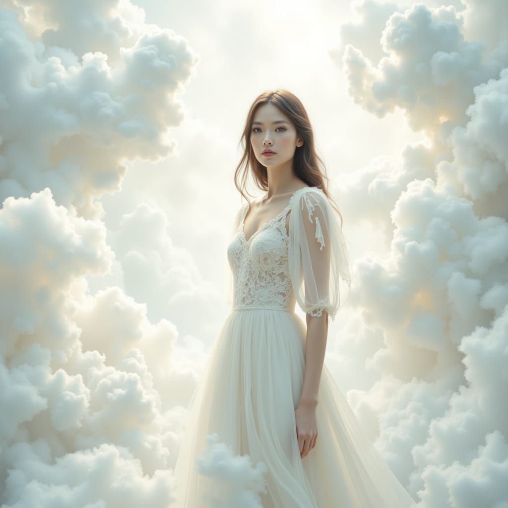 Ethereal Model in Flowing White Dress