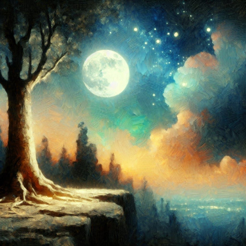 Magical Moonlit Sky in Soft Focus Oil Painting