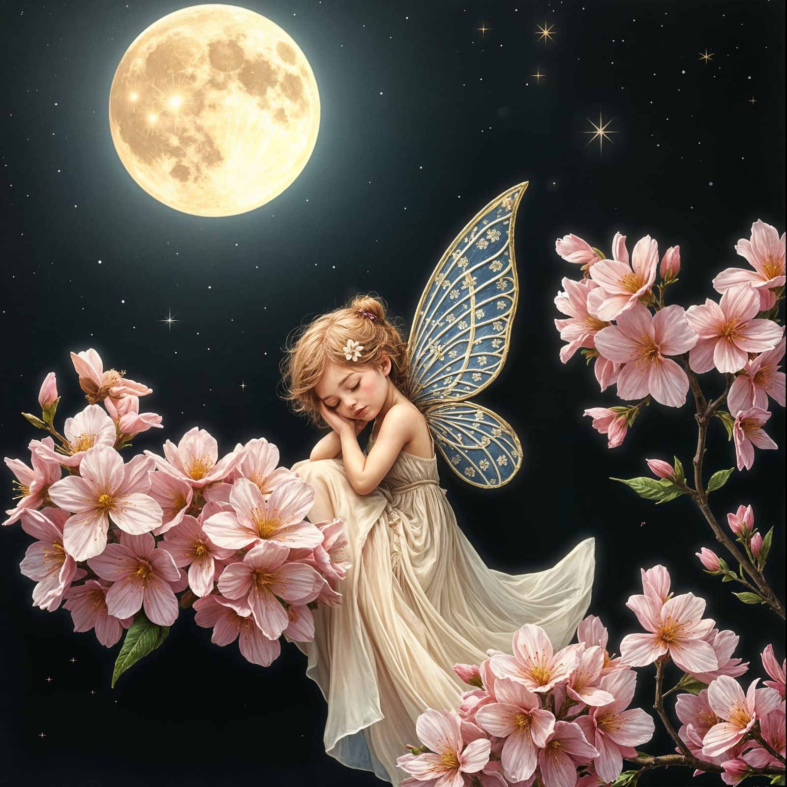 Fairy Sleeping in Cherry Blossom, Gouache Illustration
