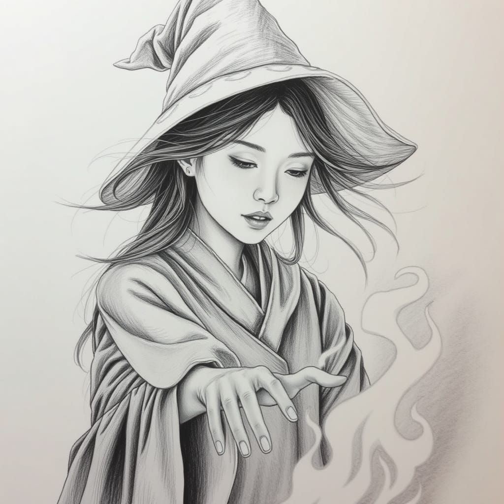 Asian Witch Casting a Spell in Gentle Pencil Lines