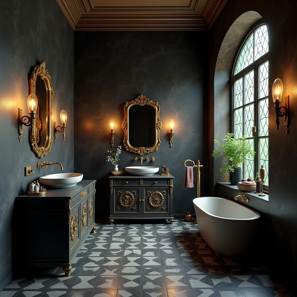 Luxurious Black Tile Bathroom with Ornate Details