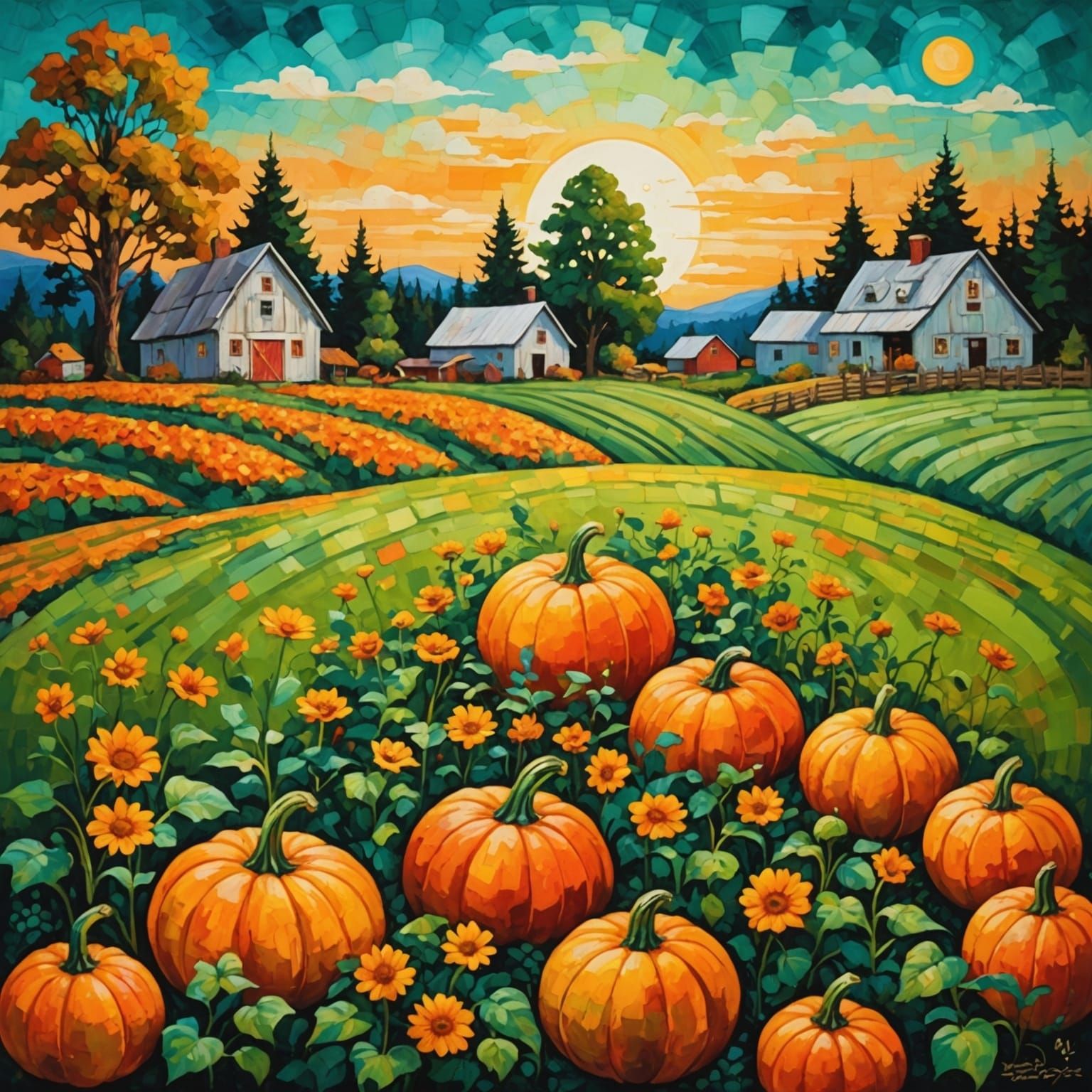 Giant Pumpkins at Sunrise: an Expressionist Oil Painting