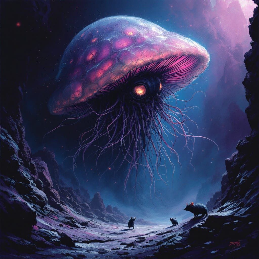 Jellyfish-Mushroom Creature Hunting on Alien Planet