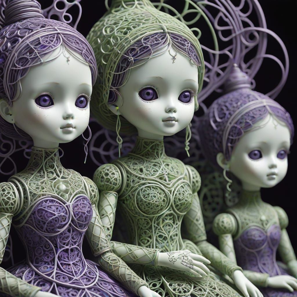 Eerie Ceramic Dolls in Abstract Vector Fractal Style
