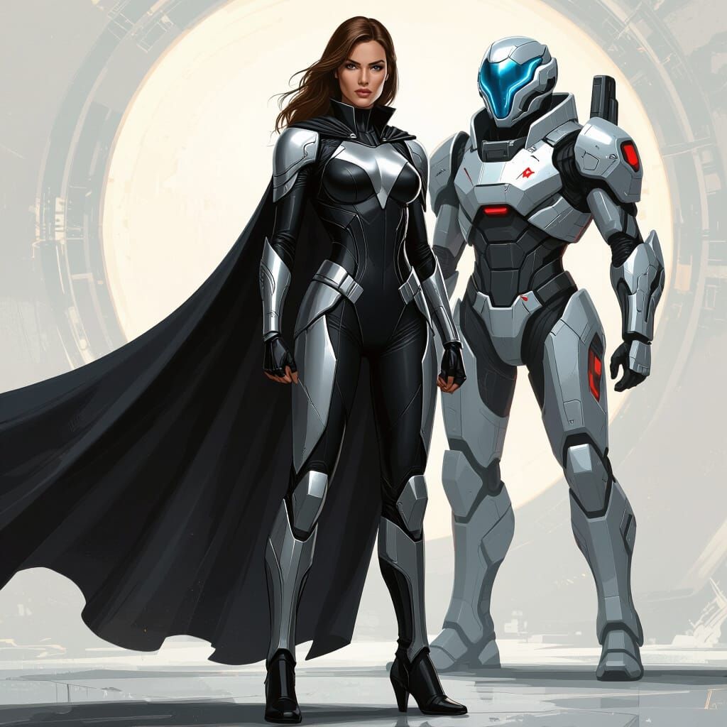 Heroic SuperWoman with Futuristic WarFrame Exosuit