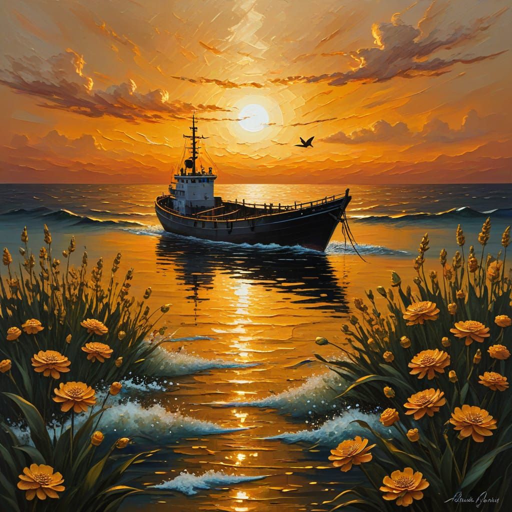 Impressionist Ocean Sunset with Golden Flowers