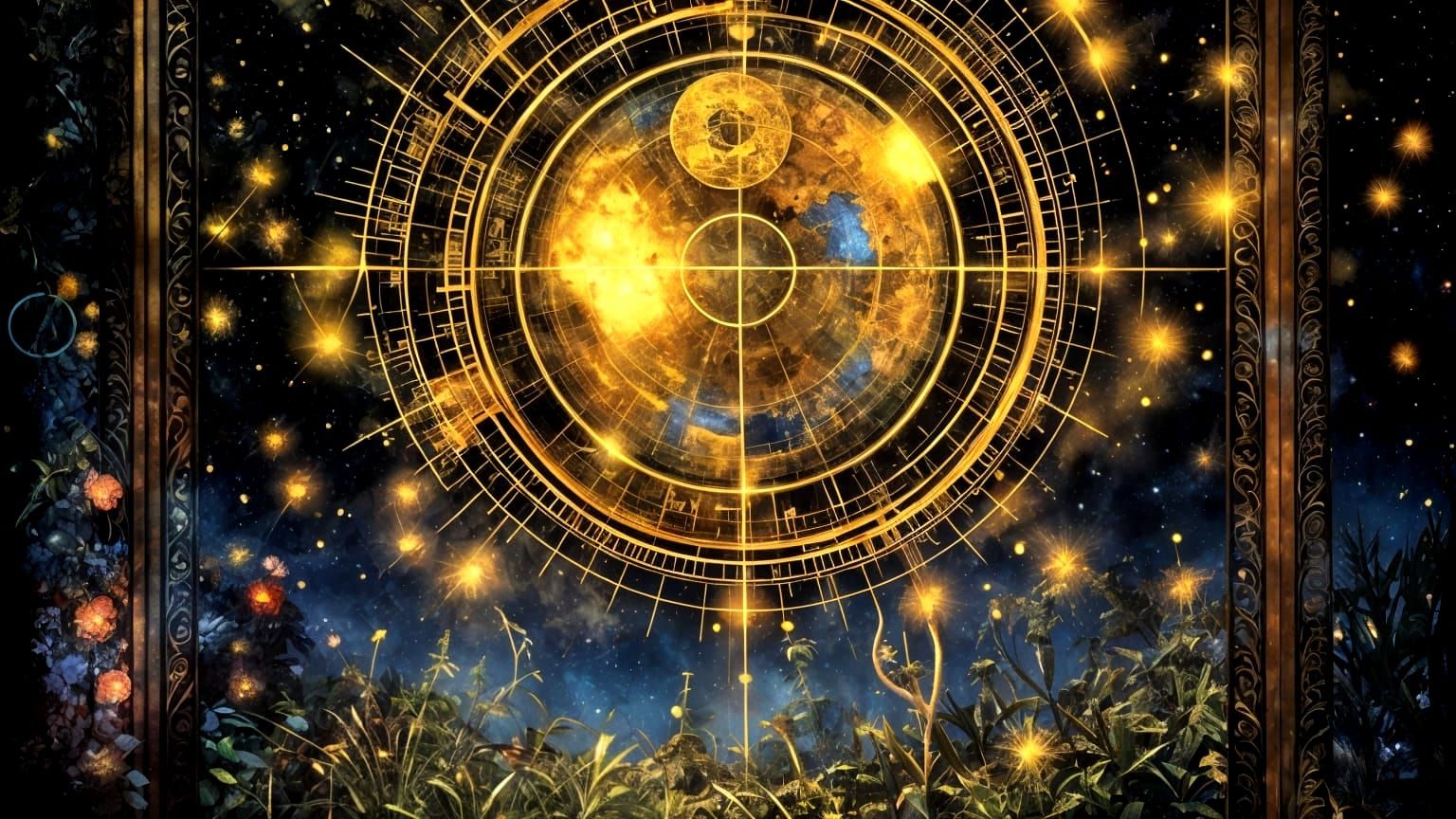 Cyber-Ancient Celestial Map Over Bioluminescent Jungle